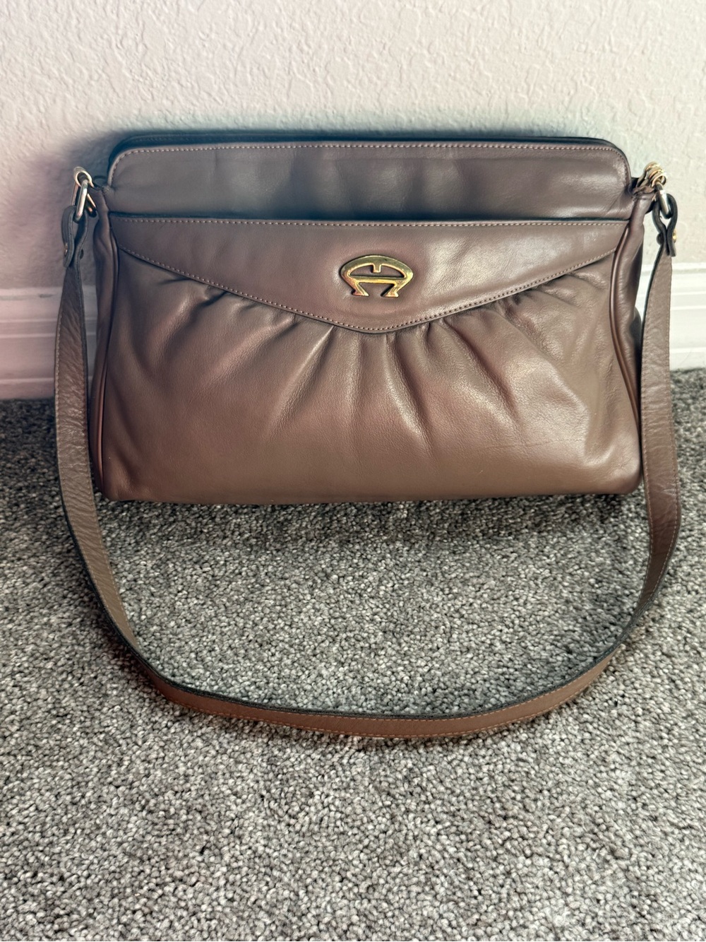 Vintage Etienne Aigner Leather Taupe Shoulder Bag